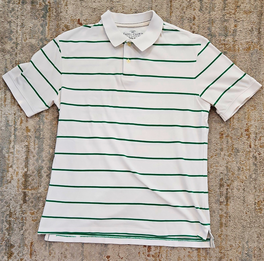 Faded Glory Men's White/Green Striped Short Sleeve Collared Cotton Polo M